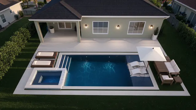 Render of the Feliciano pool and spa, view 01 (day aerial)